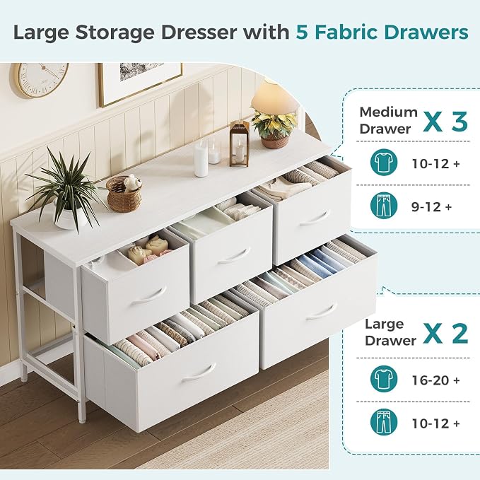 OLIXIS Dresser for Bedroom with 5 Drawers, Wide Chest of Drawers, Fabric Bedroom Dresser with Drawer Organizers, Storage Organizer Unit with Fabric Bins for Closet, Living Room, Hallway,White