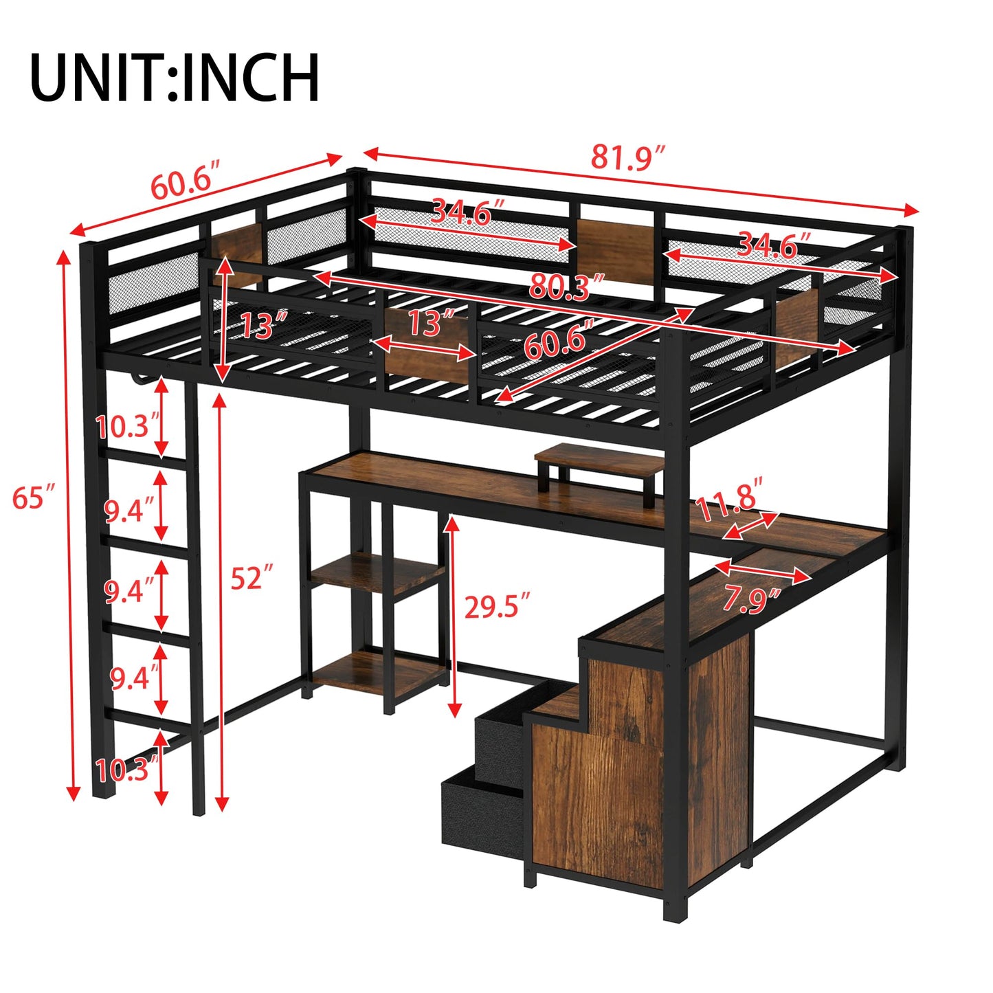 Bellemave Queen Loft Bed with Desk & Storage Fabric Drawers & Shelves, Heavy Duty Metal Frame Loft Bed for Adults & Teens, Space Saving Bed for Apartments & Dorm, No Box Spring Needed, Black