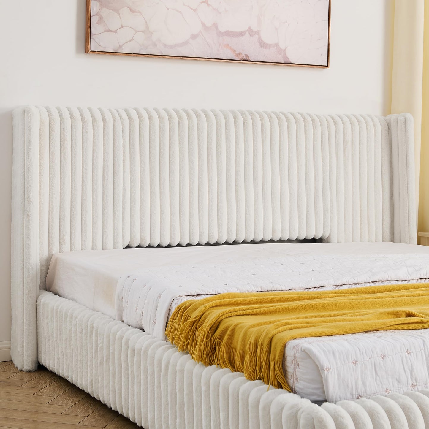 Tabaray King Bed Frame with Storage, Upholstered Platform Bed Frame with Plush Rabbit Fur Headboard, Adult Floor Bedframe with Wooden Slats Support, No Box Spring Needed for Bedroom, Apartment, Beige