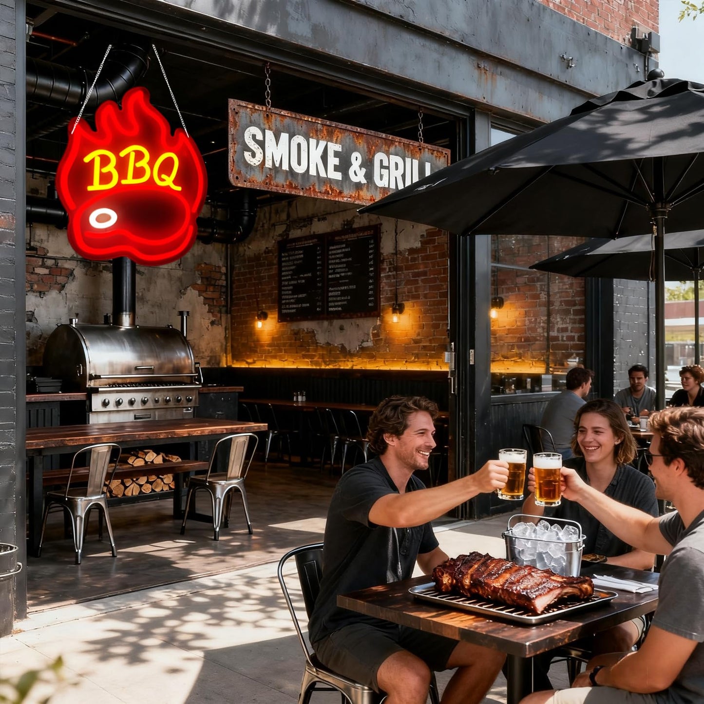 BBQ Neon Signs for Backdrop wall decor，Dimmable USB Powered,Barbecue Neon Light Up Home Party restaurant Grill Beer Bar Decoration Lights, Bright LED bbq sign (14.8"*12.2"in)