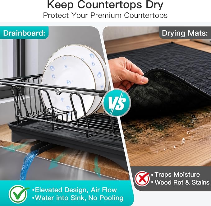 JASIWAY Black Sink Dish Drying Rack with Drainboard, Expandable Stainless Steel Dish Drainers for Kitchen Counter, Space Saving Dish Dryer Rack, Over The Sink Dish Racks with Utensil Holder