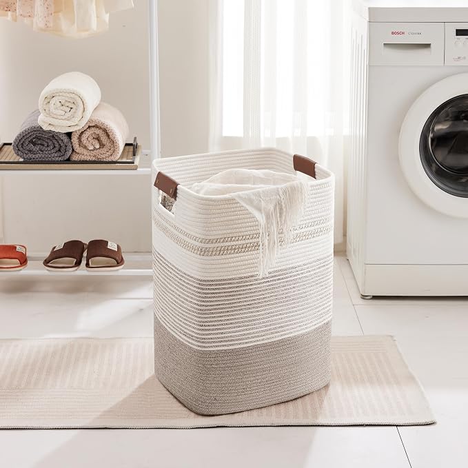 75L Tall Laundry Hamper with Handles for Living Room Storage, Large Woven Rope Baskets Bin for Blanket, Kids Toy, Gifts, Wicker Hamper for Bedroom Dirty Clothes, 16"x13"x22" White Brown