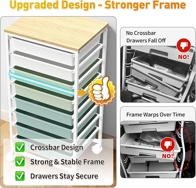 SUNALLY Rolling Storage Utility Cart With 8 Drawers, Storage Drawer Cart with Wooden Tabletop and 2 Lockable Wheels, 8 Tier Rolling Cart for Craft Art Supply Storage & Home Office Organization, Green