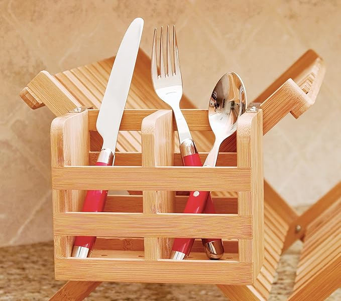 Lipper International 8823 Bamboo Wood 2-Compartment Flatware Holder with Metal Clips, 6-1/4" x 3-1/4" x 5"