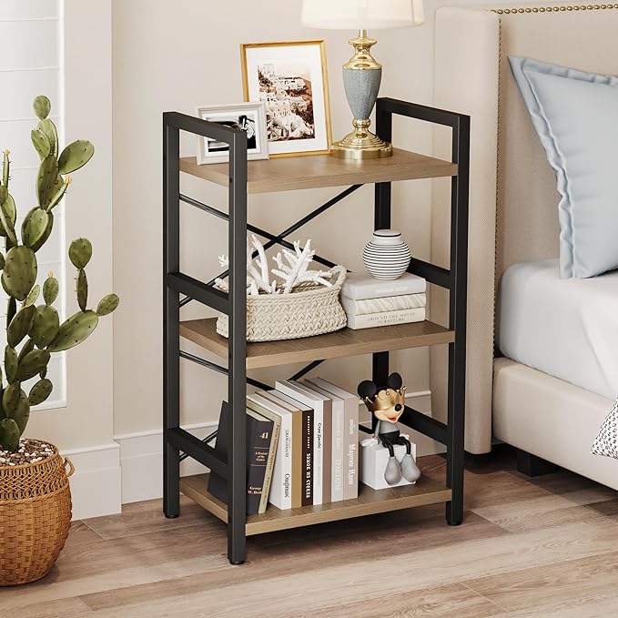 Homeiju Bookshelf, 3 Tier Industrial Bookcase, Metal Small Bookcase, Rustic Etagere Book Shelf Storage Organizer for Living Room, Bedroom, and Home Office(Light Coffee) Patent Pending D29873033