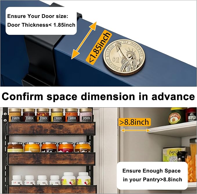 6 Tier Over The Door Pantry Orangizer 2 IN 1 Wall Mounted or Hanging Spice Rack with Adjustable Wood Basket,Heavy Duty Seasoning Storage Shelf for Kitchen Pantry and Bathroom