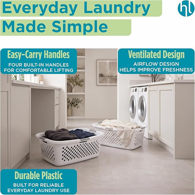 Home Logic 1.5 Bushel Plastic Laundry Basket Front Load, Large Laundry Hamper with Handles, Ventilated Clothes Organizer for Bedroom Bathroom Closet, 4 Pack, White