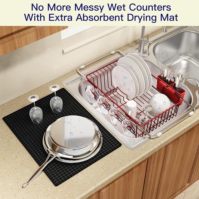 MAJALiS Red Dish Drying Rack Over The Sink with Utensil Holder, Mat | Expandable Stainless Steel Dish Drainer for Small Kitchen, Apartment, RV, Counter Space Saving, Perfect Fit, Rustproof