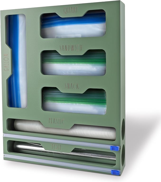 Rae Dunn Bamboo Bag Organizer for Kitchen Drawer - Durable Wood Organizer for Kitchen Storage - Holds Gallon, Quart, Snack, Sandwich Size Baggies, Plastic Wrap and Foil