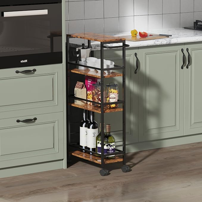 Slim Rolling Cart, 4-Tier Kitchen Storage Rolling Cart, Narrow Cart with Handle, Mobile Utility Cart for Small Space, Shelving Unit for Kitchen, Dining Room, Living Room, Home Office, Laundry Room