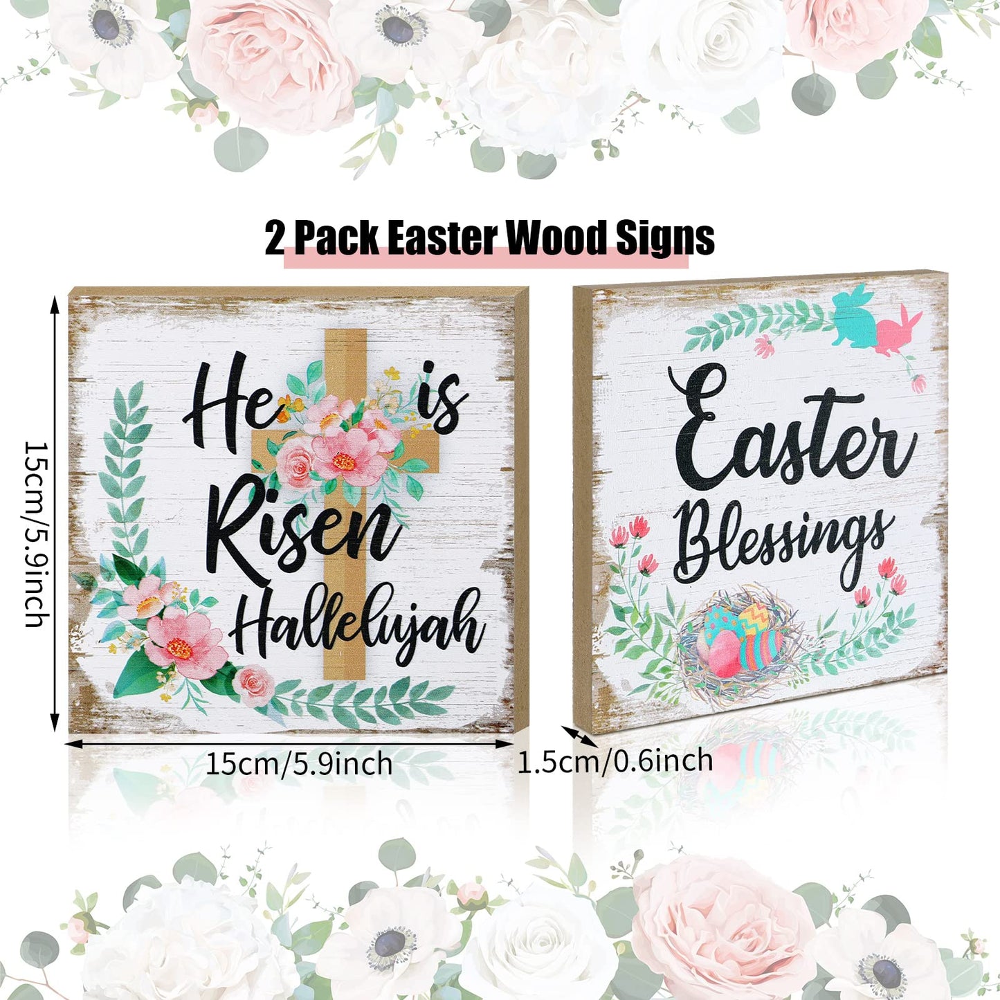 2 Pieces Farmhouse Easter Table Decoration Signs Wood Religious He Is Risen Centerpieces Flower Hallelujah Rustic Christian Jesus Block Signs Easter Decorations for Home Mantel Shelf Office Desk Decor