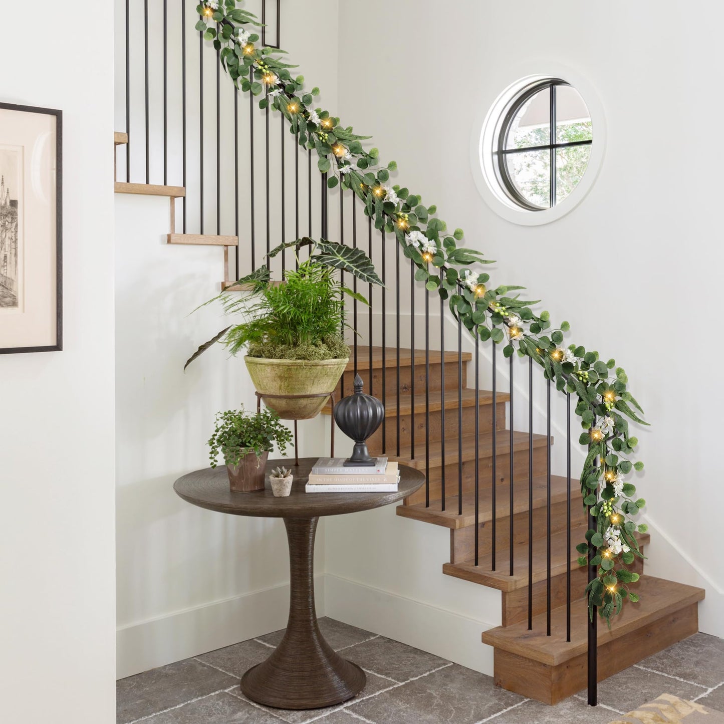 MDSTBN Eucalyptus Garland with Lights, 6FT Spring Garland Eucalyptus Leaves with Flower Berries Artificial Greenery Vine for Mantle Porch Wall Wedding Arch Backdrop Table Decoration