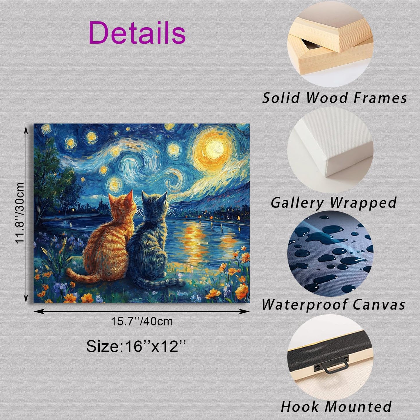 Ypxzzj Van Gogh Starry Night With Cartoon Cats Canvas Wall Art,Night Starry Pictures Paintings Wall Decor, Animal Cats Artworks for Bedroom Living Room Wall Decor Framed Ready to Hang