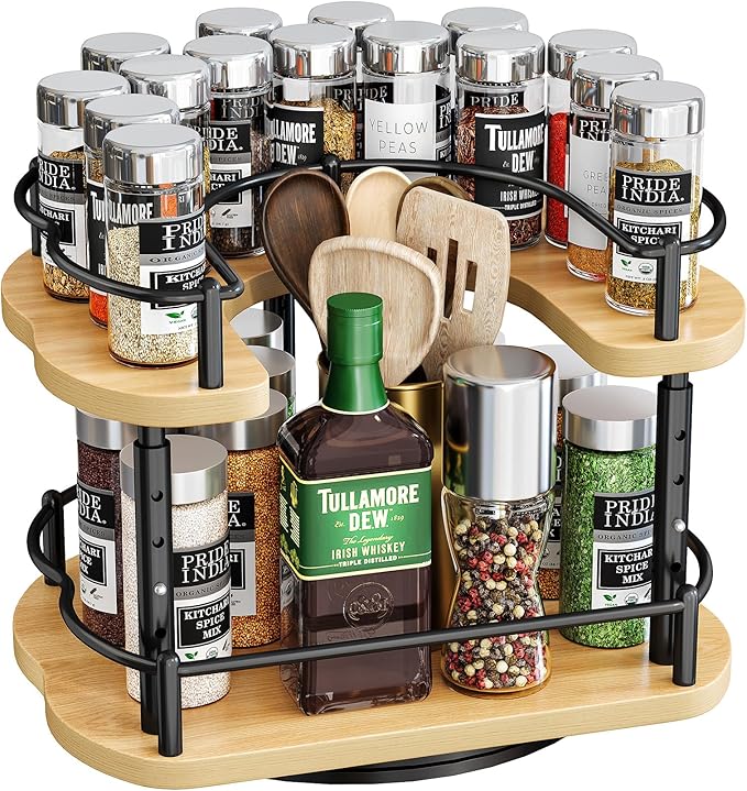 Lazy Susan Organizer Spice Rack - Spice Organization for Cabinet Height Adjustable Rotating Lazy Turntable, Pantry Kitchen Wood Revolving Seasoning Organizer (Natural, 12 Inch)