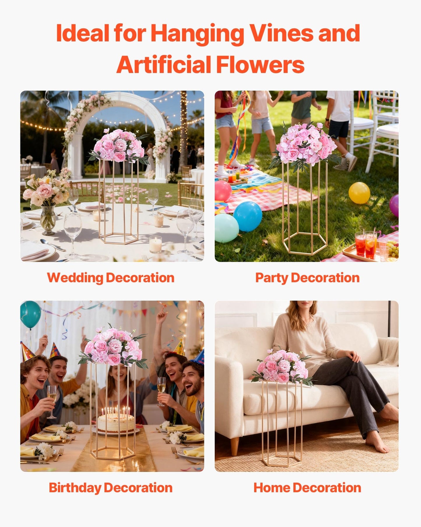 VEVOR Wedding Flower Stand, 10PCS 23.62-inch Column Flower Stand, Floral Stands with Acrylic Laminate, Hexagonal Cubic Floral Display Rack for Wedding, Party, Birthday, Home,French Gold Stands