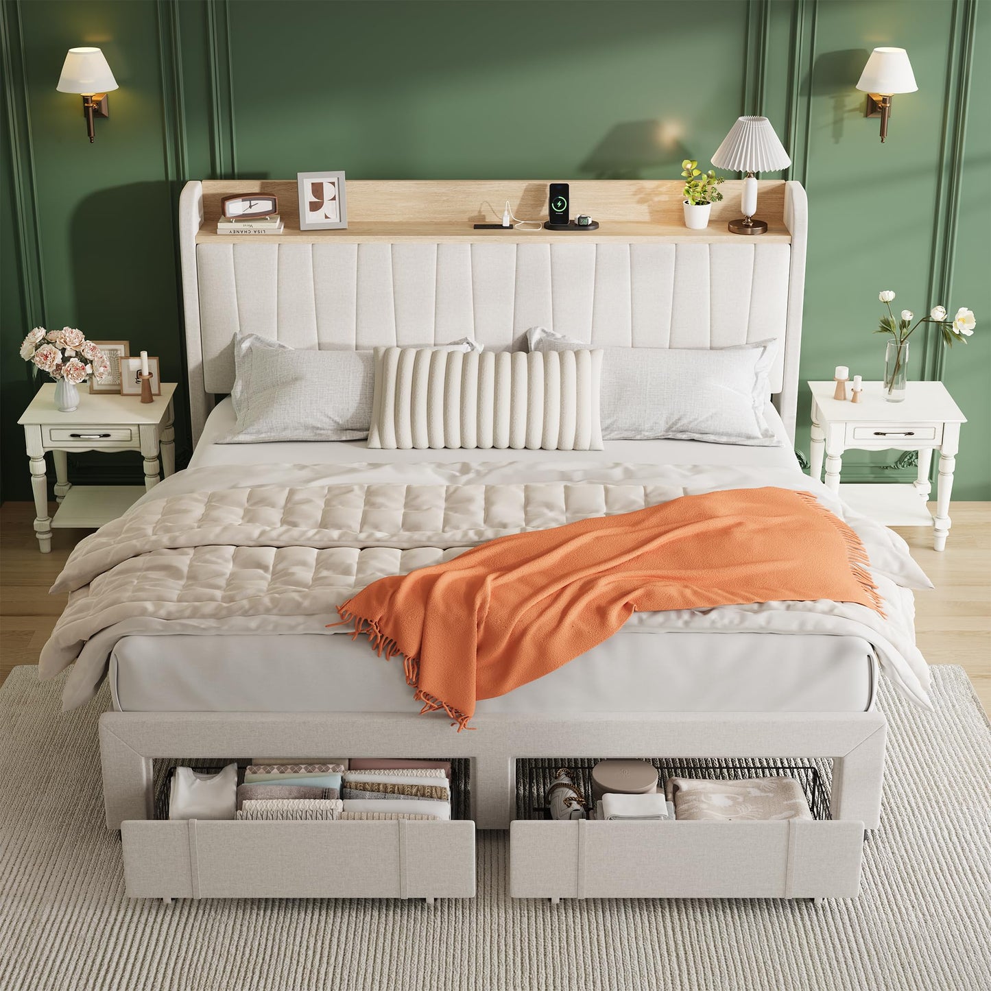 Garvee Upholstered Bed Frame King Size with Storage Headboard and Charging Station, Platform Bed Frame with Drawers, Heavy Duty, No Box Spring Needed, Easy Assembly, Beige