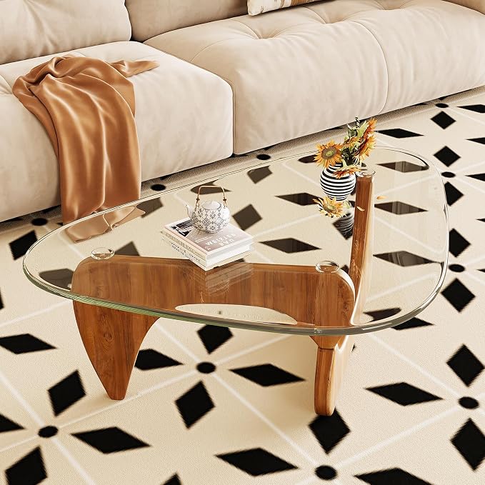 Coffee Table for Living Room Mid Century Modern Center Table with Glass Top and Wood,36 Inch, Transparent/Walnut