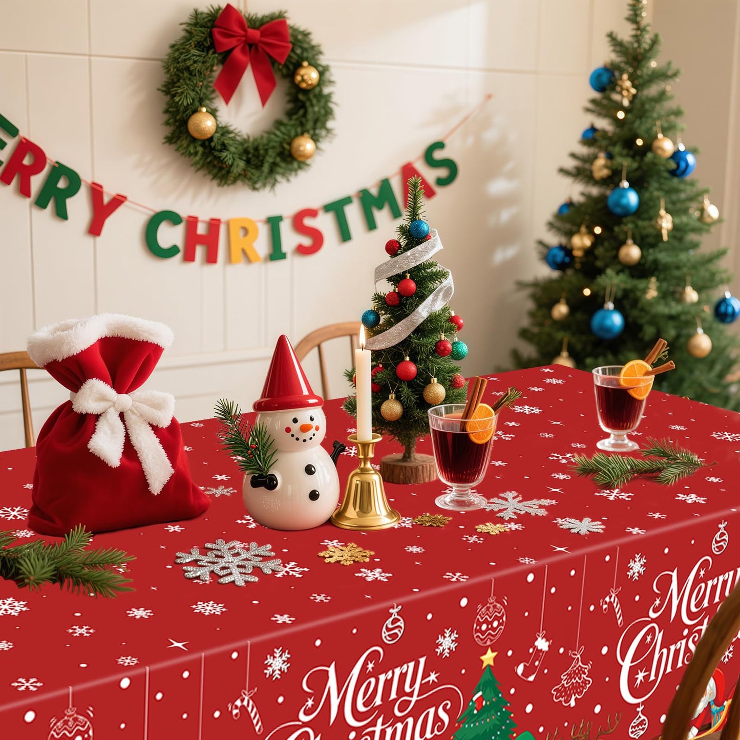 MEIDUO Christmas Tablecloth, 3 Pack 54" X 108" Red Christmas Disposable Plastic Table Covers, Rectangular Table Decor, Xmas Tree Snowman Snowflakes Designs for Winter Party Decorations
