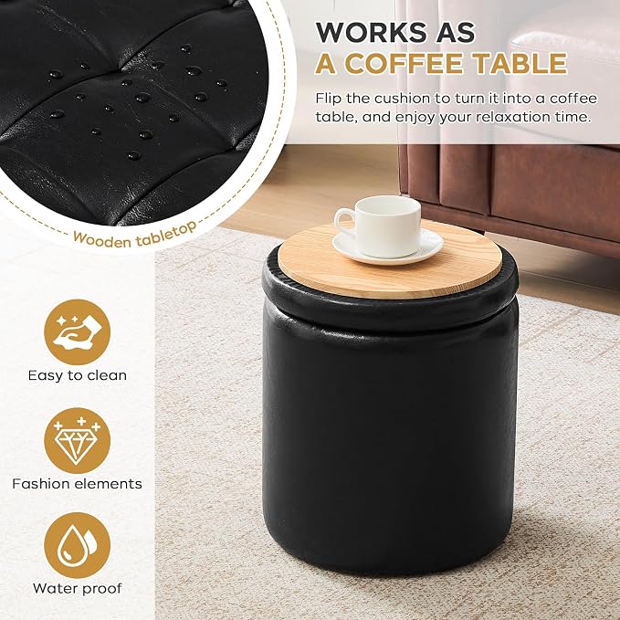 oakvivo Round Ottoman with Storage Set of 2, 12.6" W x 14.17" H & 14.76" W x 17.32" H Faux Footstool Storage Ottomans for Bedroom, Living Room Padded Coffee Table Ottomen, Black