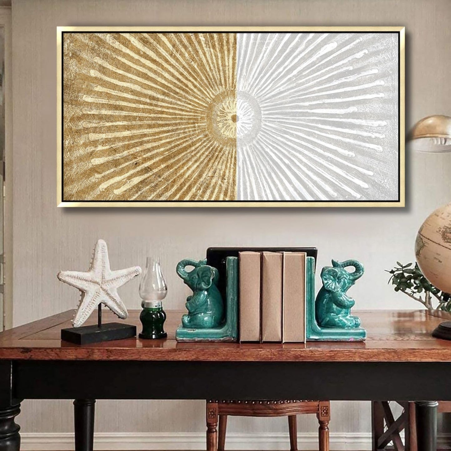20"x40" Framed Canvas White and Gold Wall Art Symmetrical Line Abstract Modern Wall Decor Art for Living Room Bedroom Bathroom Office Wall Decor