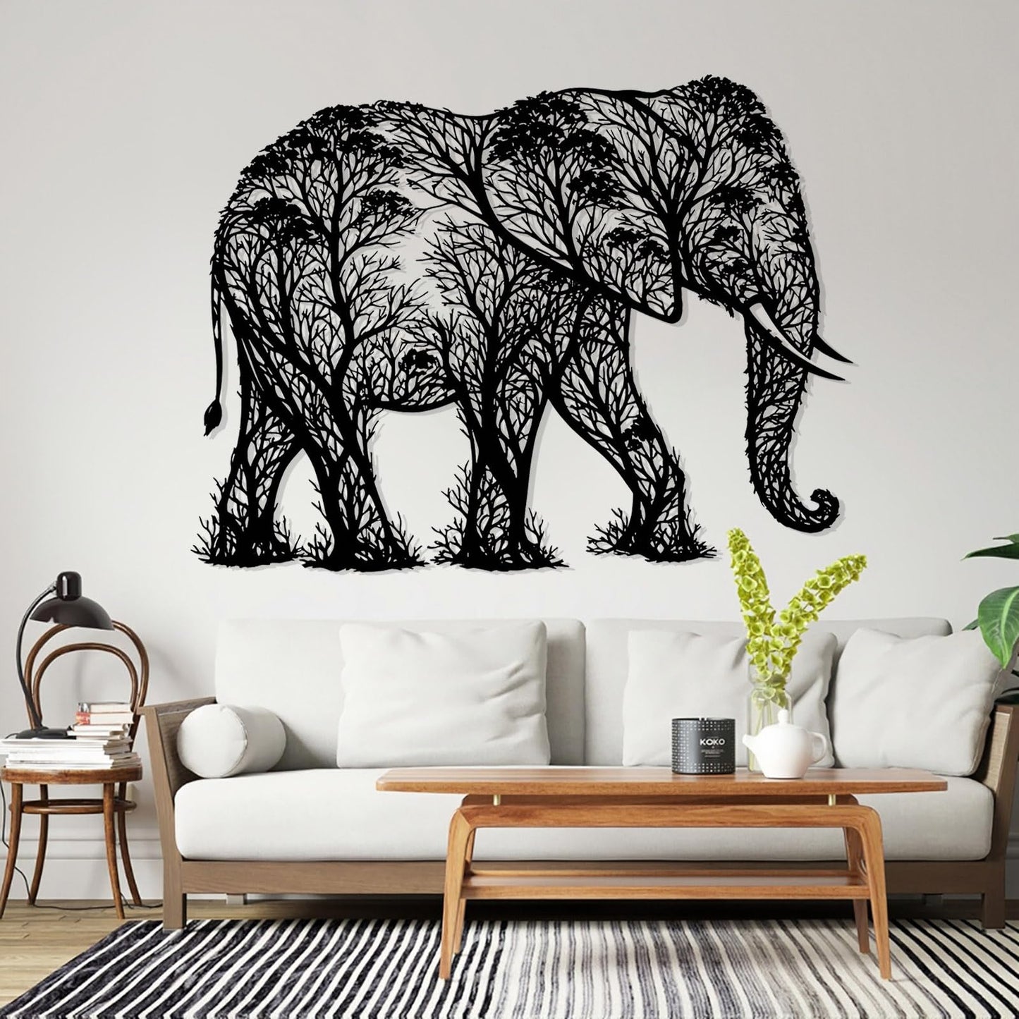 AJMTQRL Elephant Forest Silhouette Metal Wall Art, Elephant Tree Silhouette Metal Wall Art, Elephants Wall Decor, Wildlife Hanging Decor, Home Decoration (Gold 1, 19"x14"/47x35cm)