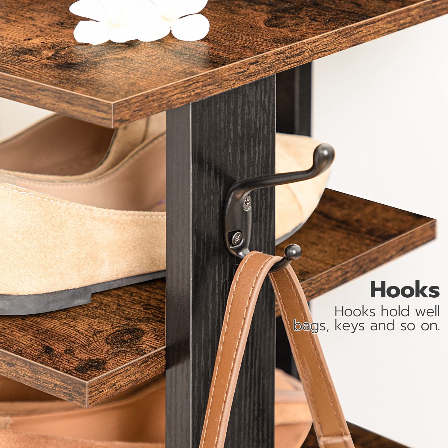 HOOBRO 8 Tiers Vertical Shoe Rack, Wooden Shoe Storage Organizer with Hooks, Narrow Shoe Tower for 8 Pairs, Space Saving, for Entryway, Living Room, Bedroom, Rustic Brown BF07XJ01G1