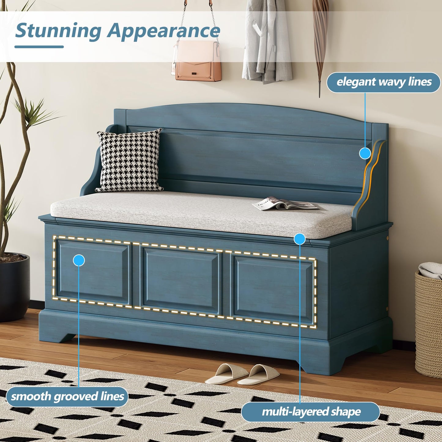 P PURLOVE Farmhouse Storage Bench,Wood Entryway Storage Bench Shoe Bench with Removable Cushion for Living Room,Entryway,Hallway