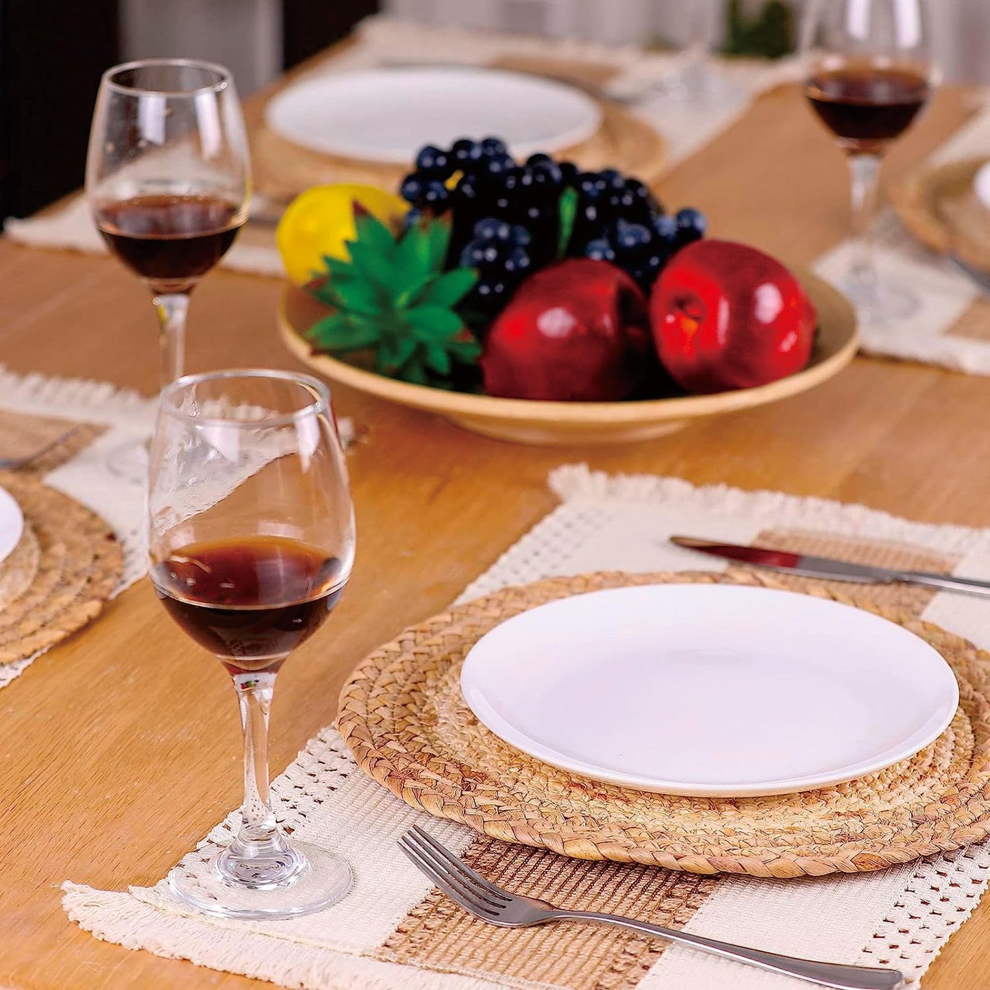 Zology Handmade Boho Placemats Set of 6 - Natural Cotton Burlap and Water Straw Woven Combination Table Mats, Macrame Décor and Farmhouse Style Placemats, for Dining Table Kitchen