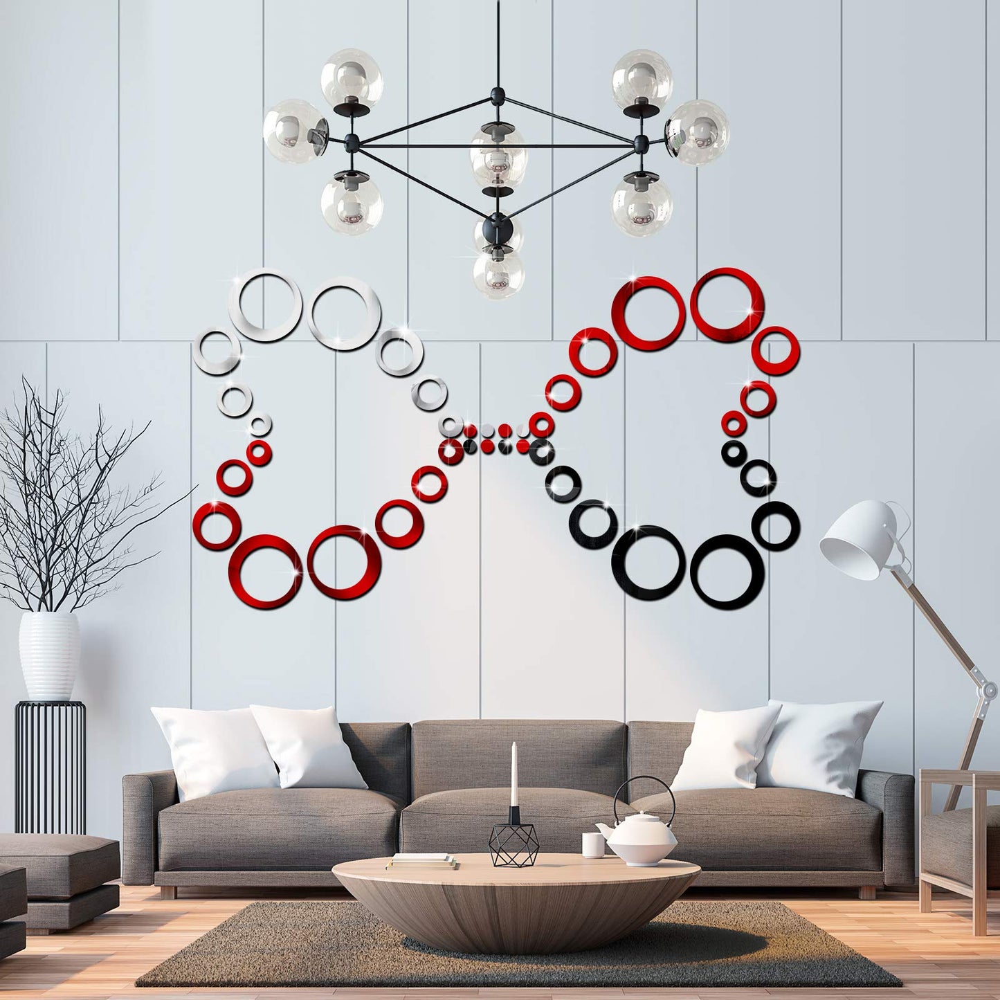 Outus 72 Pieces Wall Stickers Decor Acrylic Circle Mirror Removable Red and Black Wall Decor Round Dots Bulk DIY Red Living Room Decals Modern Art Murals for Home Bathroom Bedroom Decoration