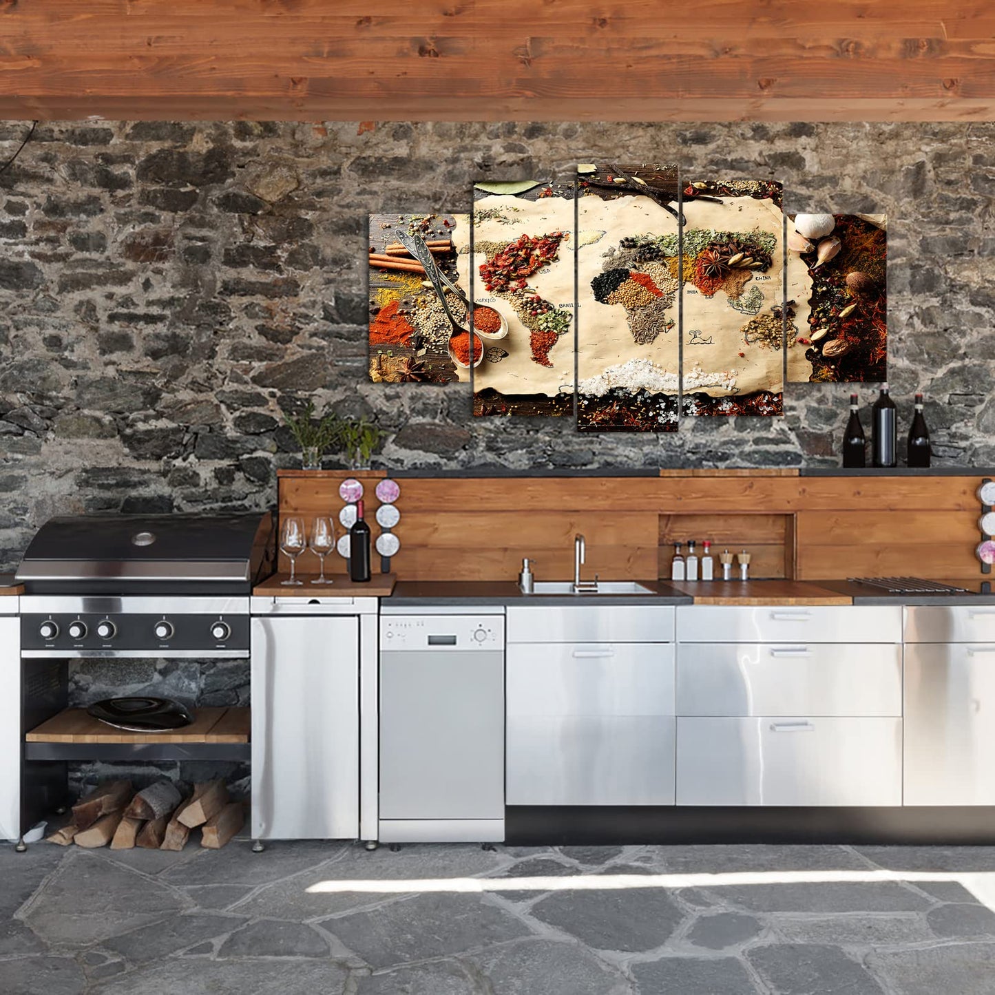 Large 5 Panel Map of World Made from Spices on Wooden Canvas Art Wall Art Kitchen Pictures Modern Wall Decor Gallery Canvas Wraps Giclee Print Stretched and Framed Ready to Hang 60''Wx32''H (Large)