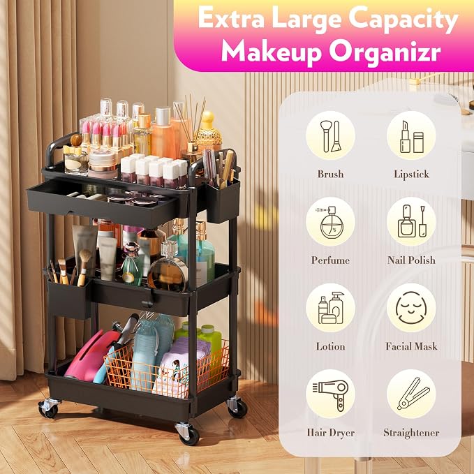 SUNALLY Makeup Cart Organizer with Drawers, Floor Skincare Organizers Vanity Storage Organizer, Rolling Makeup Bathroom Storage Cart Cosmetics Display Cases for Skin Care Perfume Nail Polish, Black