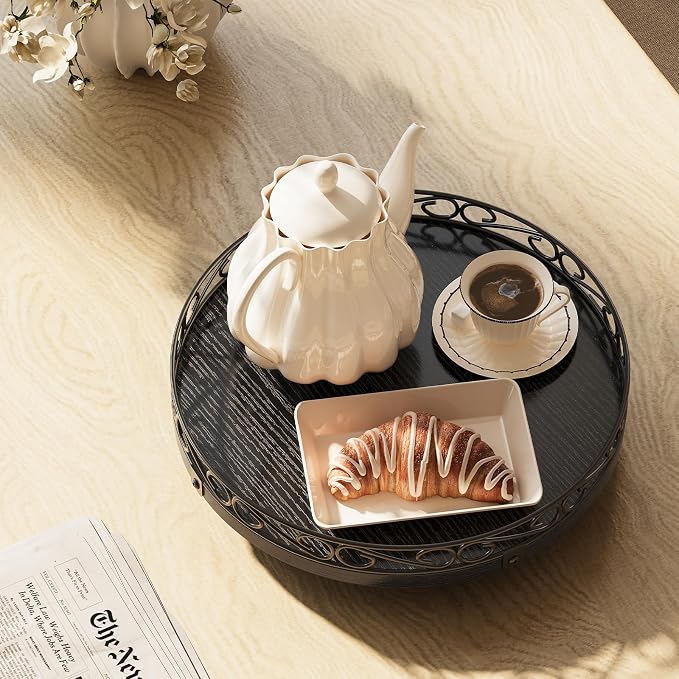Yoobure 10" Lazy Susan Turntable for Cabinet - Farmhouse Wooden Round Tray for Table Top, 360° Rotating Lazy Susans Counter Organizer with Patterned Raised Edge for Kitchen Dining Table Decor, Black