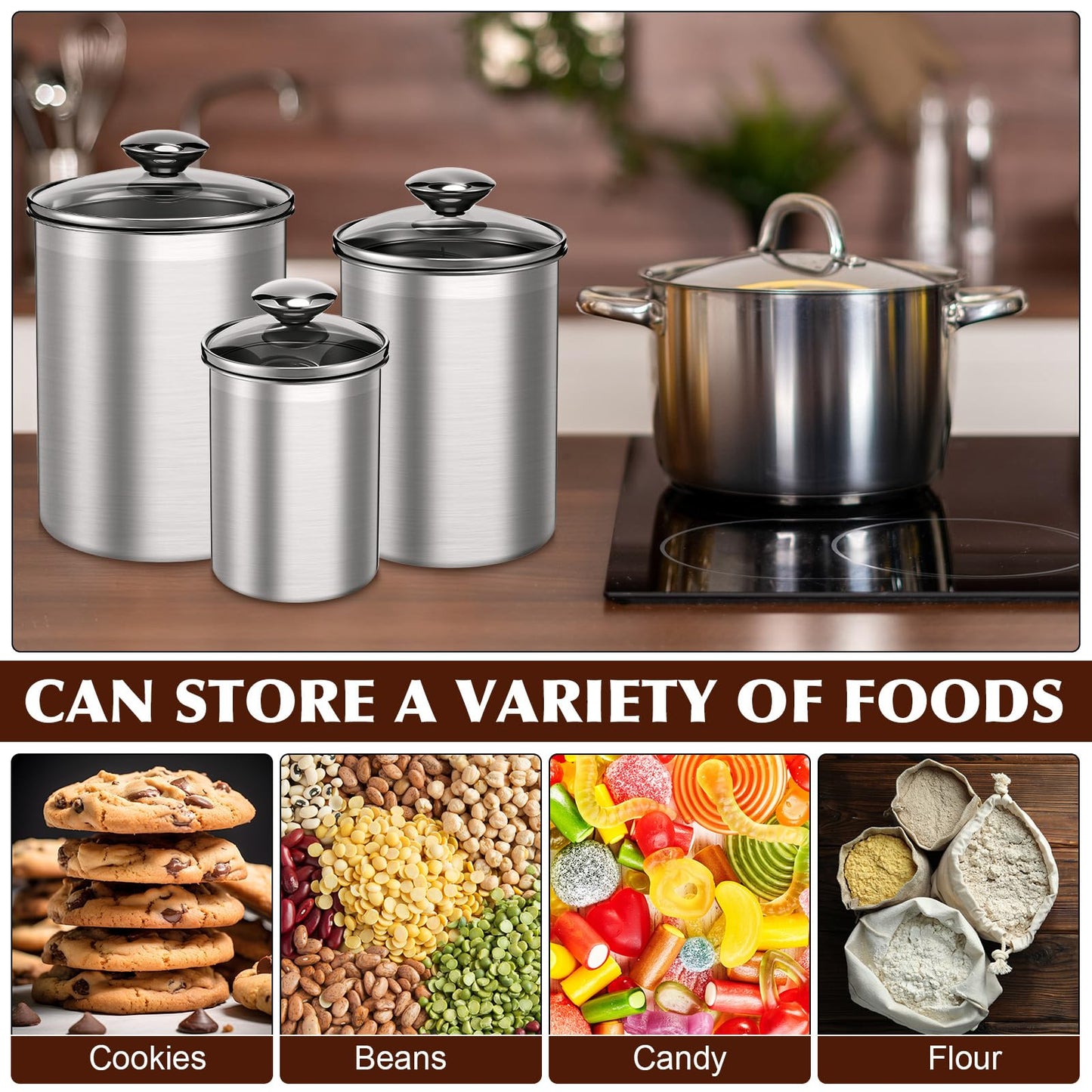 LemonRoad 5 Pcs Stainless Steel Canister with Glass Lids Airtight Food Jar Storage Canister Set (1.0qt / 1.8qt / 2.8qt / 3.9qt / 6.0qt) Food Grade Storage Containers for Kitchen (Silver)