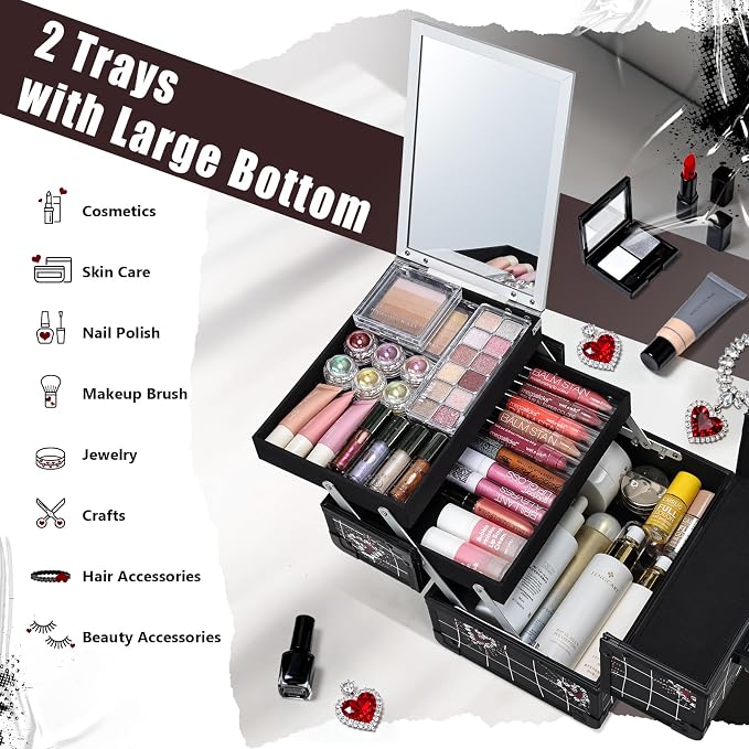 Joligrace Makeup Train Case Portable Makeup Case Organizer 2 Trays Cosmetic Box Storage with Mirror Lockable with Key for Cosmetics Nail Tech Traveling Makeup Travel Box Punk Love Hearts