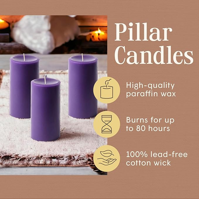 Mister Candle Dripless Unscented Pillar Candles, Set of 3 Hand Poured Purple Pillar Candles, Solid Color Non-Scented Candles for Home Decor, Premium Wax, 80 Hr Burn Time, 3x6 Inch
