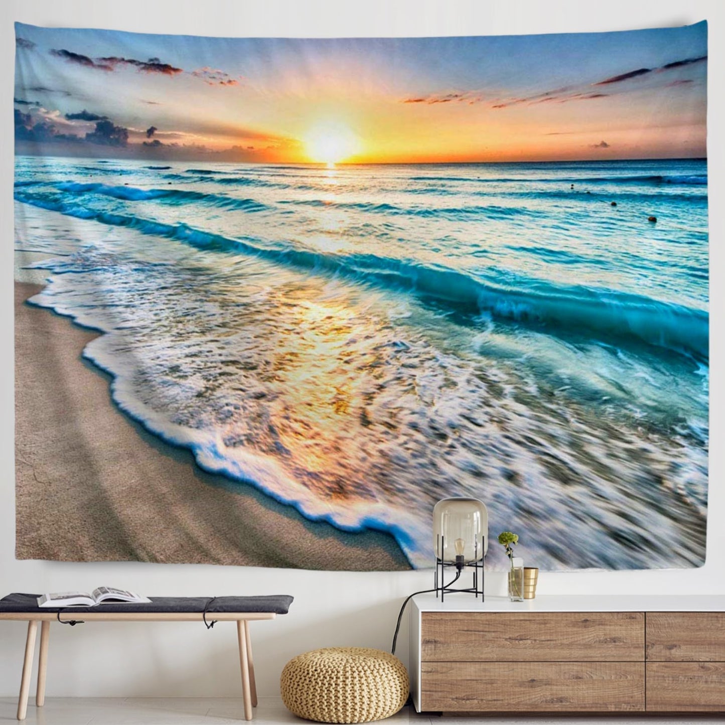 IcosaMro Beach Tapestry Wall Hanging, Ocean Sunset Sea Beach Wave Landscape Scenery Nature Wall Decorations Bohemian Home Decor for Bedroom, Dorm, College, Living Room, 51x60, Blue