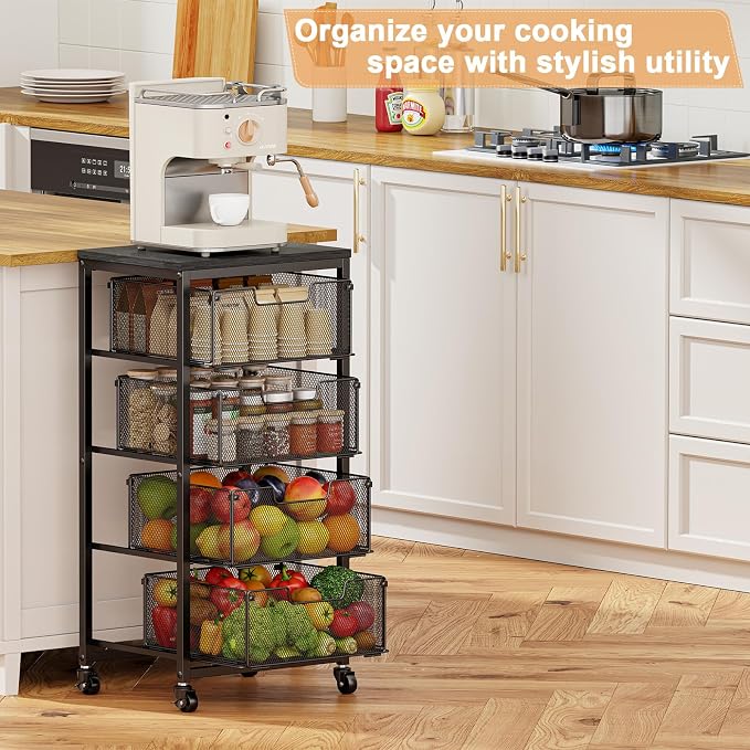 4-Tier Fruit Vegetable Storage Cart - Kitchen Organizer and Storage Cart with Wheels, Wooden Top Metal Wire Fruit Vegetable Rack Stand with Drawers to Storage Cans Snacks for Kitchen(Patent Pending)