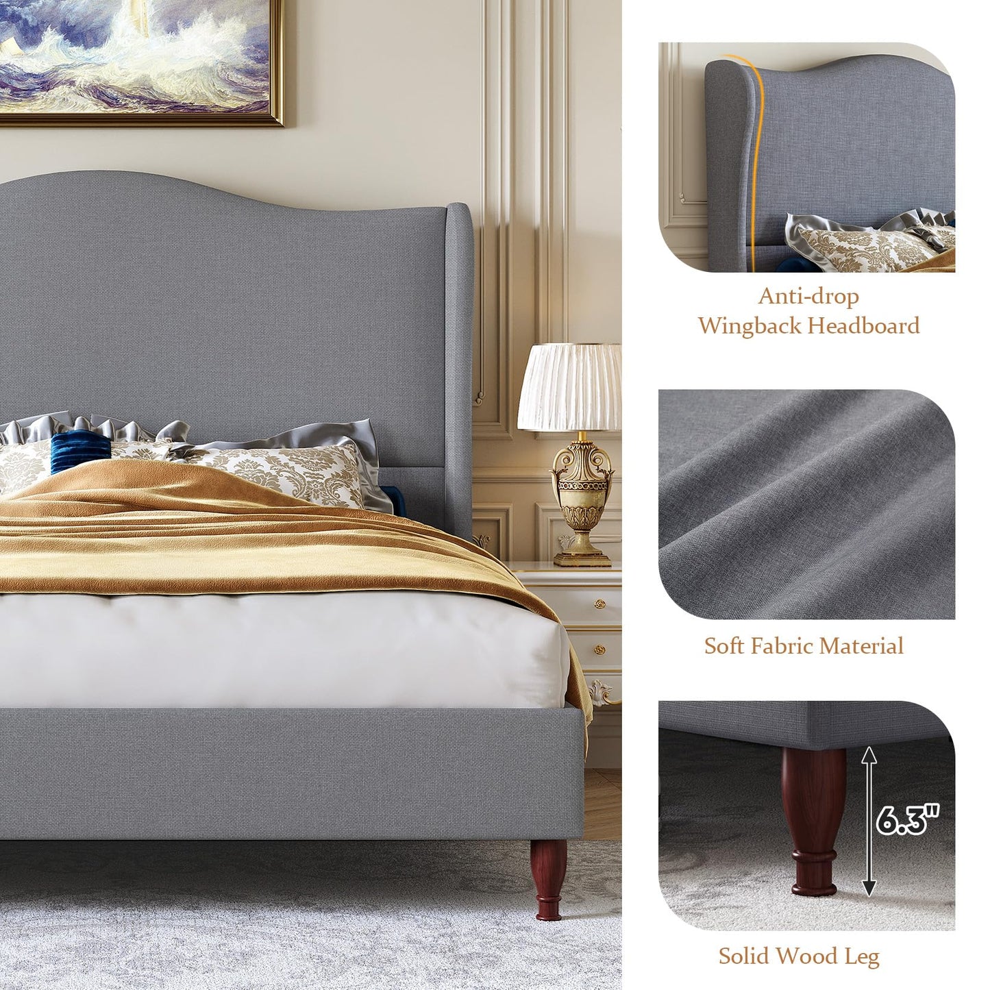 koorlian Queen Bed Frame Upholstered Platform Bed with 51" Tall Headboard Wingback, Soft Fabric, Retro Simple Style No Box Spring Needed, Easy Assembly, Grey