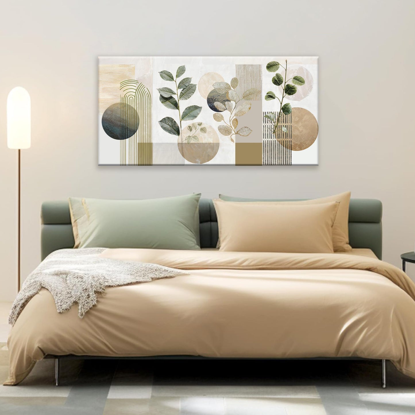 TAIJXAGSG Green Boho Wall Art Minimalist Canvas Wall Art Decor Geometric Line Leaf Beige Green Wall Art Canvas Artwork Print Paintings Abstract Art Botanical Boho Room Office Home Wall Decor 20"X 40"