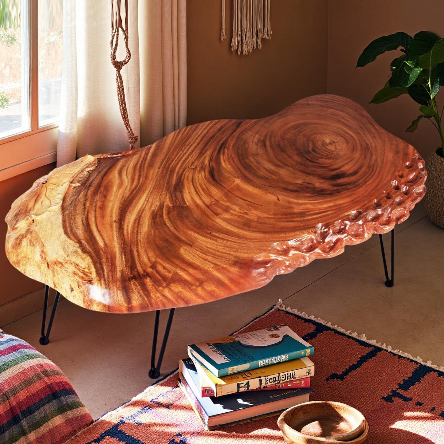 BTEOBFY 14" Live Edge Coffee Table - Handcrafted Solid Wood Side Table with Sturdy Metal Hairpin Legs - Unique Organic Shape End Table for Living Room & Small Spaces, Rustic Boho Decor
