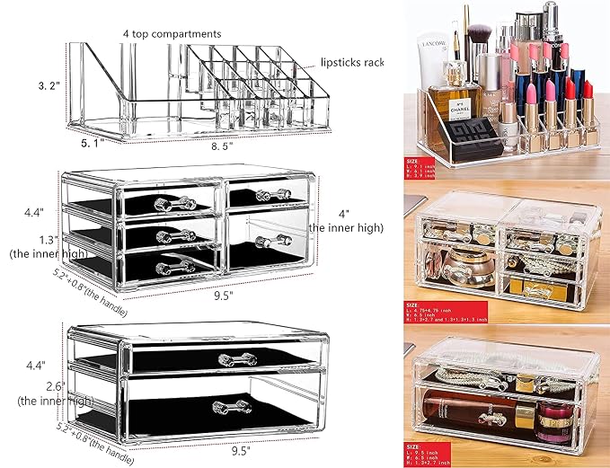 Cq acrylic 3 Pack Clear Skincare Organizer for Vanity, Stackable 7 Drawers Make Up Organizer,Cute Cosmetic Organizer for Vanity Jewelry,Hair Clip,Beauty,Skincare Product Dresser Acrylic Desk Organizer