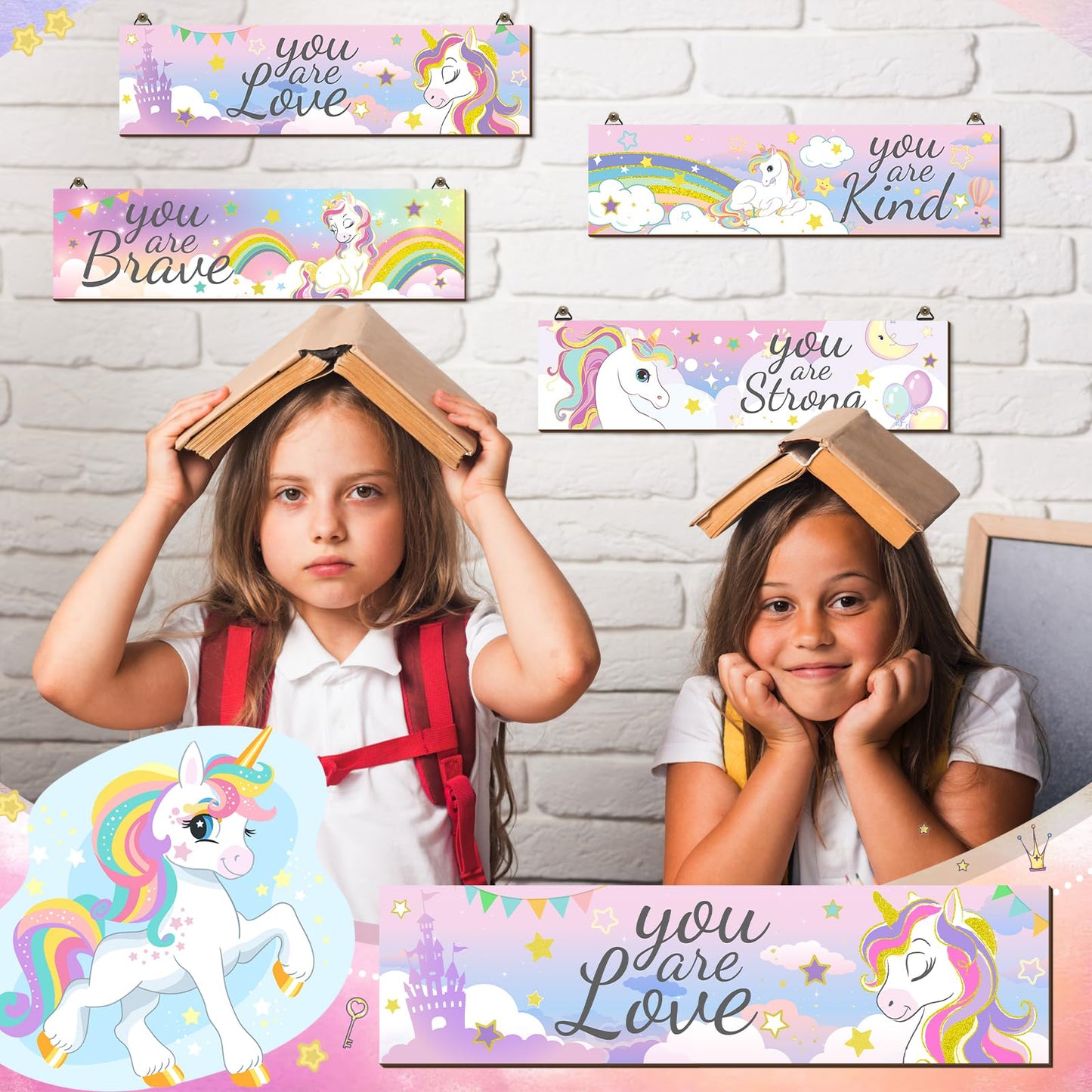 Geetery 4 Pcs Unicorn Rainbow Women Room Wall Decor Unicorn Bedroom Decor Rainbow Wooden Hanging Sign Inspirational Room Wall Art for Women Men Bedroom Nursery Decorations