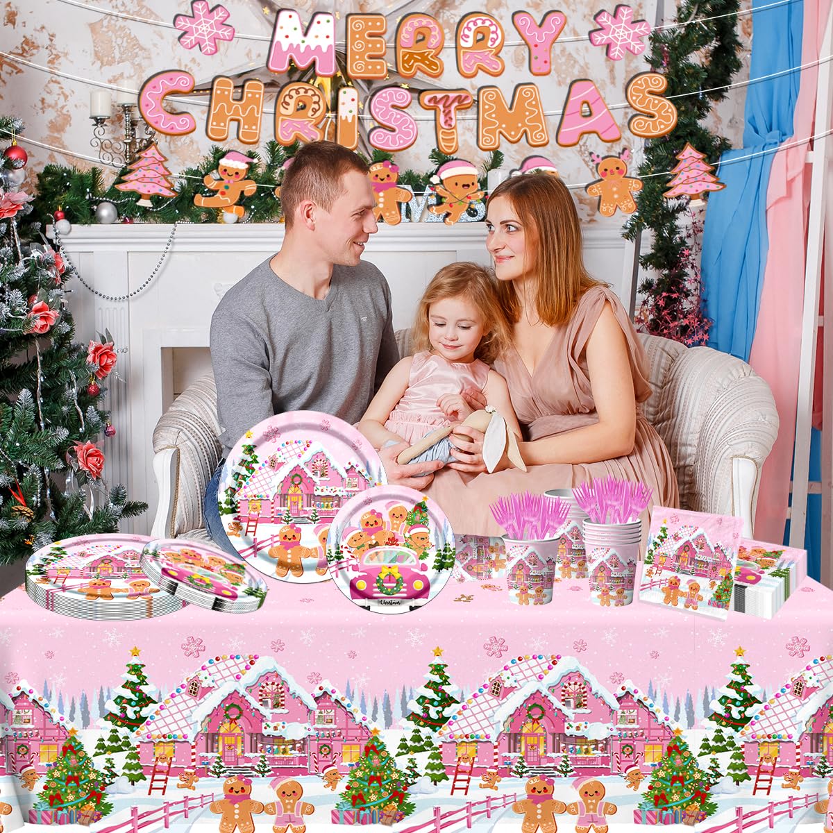 142Pcs Gingerbread Christmas Tableware Party Decorations Gingerbread Man Winter Christmas Holiday Party Supplies Pink Cookie House Family Gathering Disposable Banner,Plates,Napkins and Tablecloth