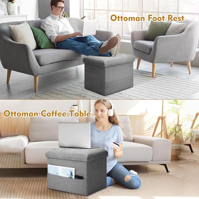 BelugaHelper Storage Ottoman Foot Rest, Folding Linen Foot Stool with Thicker Foam Padded Seat. Small Ottoman with Storage Bench for Bedroom Living Room, Holds Up to 300 lbs, 17x13x13IN (Light Gray)