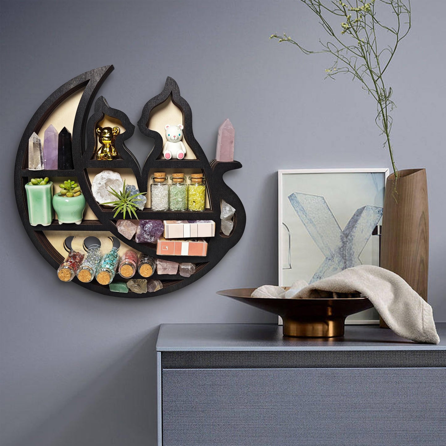 FNYDOX Crystal Display Shelf for Wall, Cats on The Moon Shelf, Crescent Moon Phase Cute Home Decor Wooden Rock Display Shelf Crystal Holder Stone Storage Aesthetic Hanging Floating Organizer