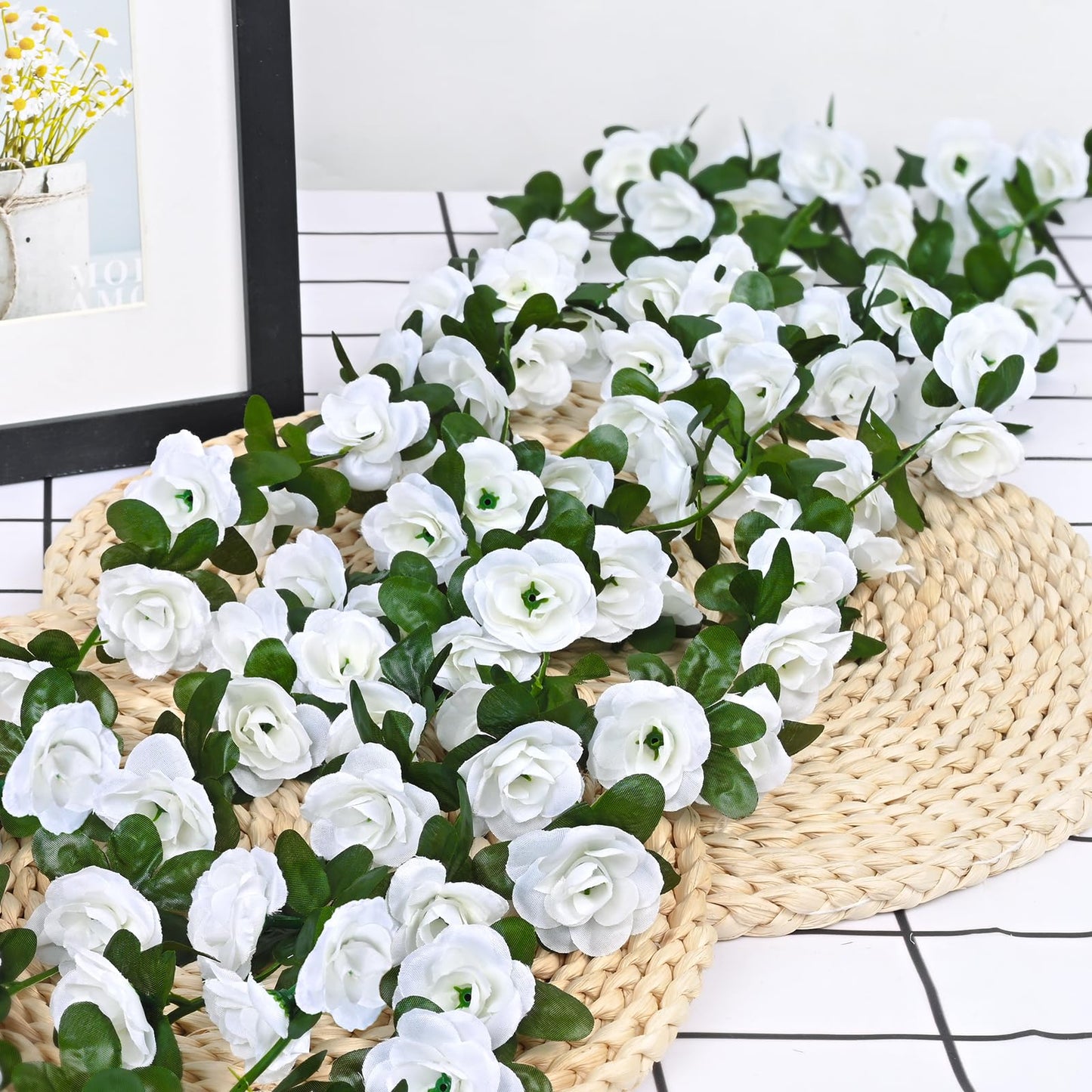 BLEUM CADE 2Pcs 16.4Ft Flower Garland Artificial Rose Vines for Bedroom, Cute Fake Hanging Flower Vines Floral Garland Decorations for Wedding Party Wall Room Decor Aesthetic