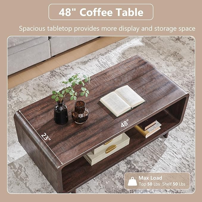 IFGET 48" Modern Coffee Table, 2-Tier Minimalist Center Table with Storage Shelf, Curved Profile Design, Wooden Rectangular Living Room Table w/Wood Thick Design for Living Room, Office, Brown