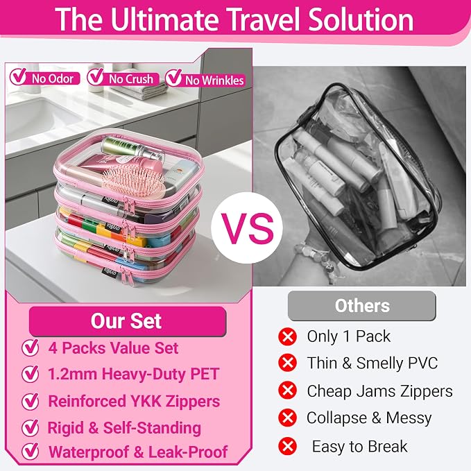 YQBRAO 4-Pack Clear Diaper Bag Organizer Pouches, 1.2mm Ultra-Thick PET Travel Pouches for Toiletries & Makeup, Rigid Self-Standing Bags with YKK Zippers, TSA Approved (Pink)