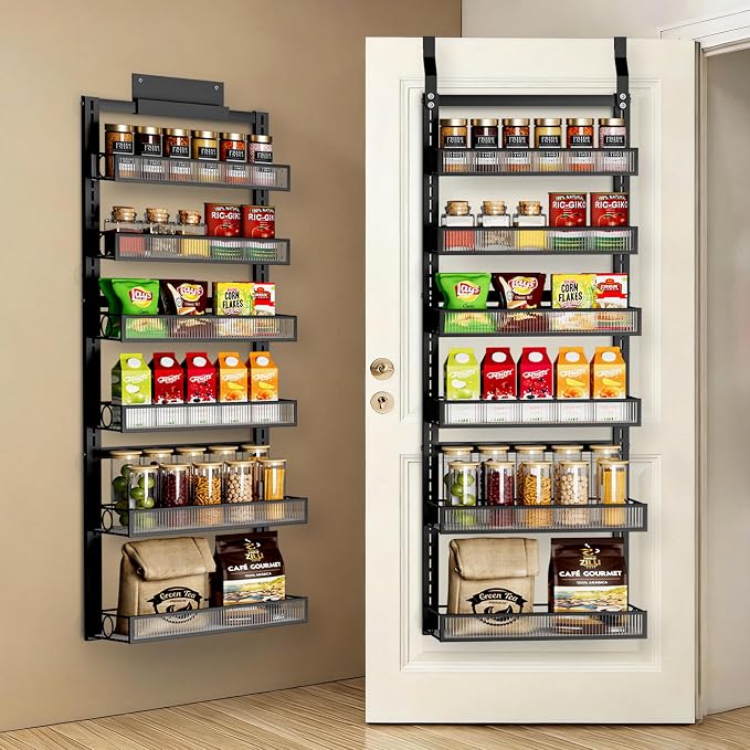 Over the Door Pantry Organizer 6 Tier Hanging or Wall Mounted Spice Rack with Adjustable Basket,Heavy Duty Metal Seasoning Organizer Shelf for Kitchen Pantry and Bathroom