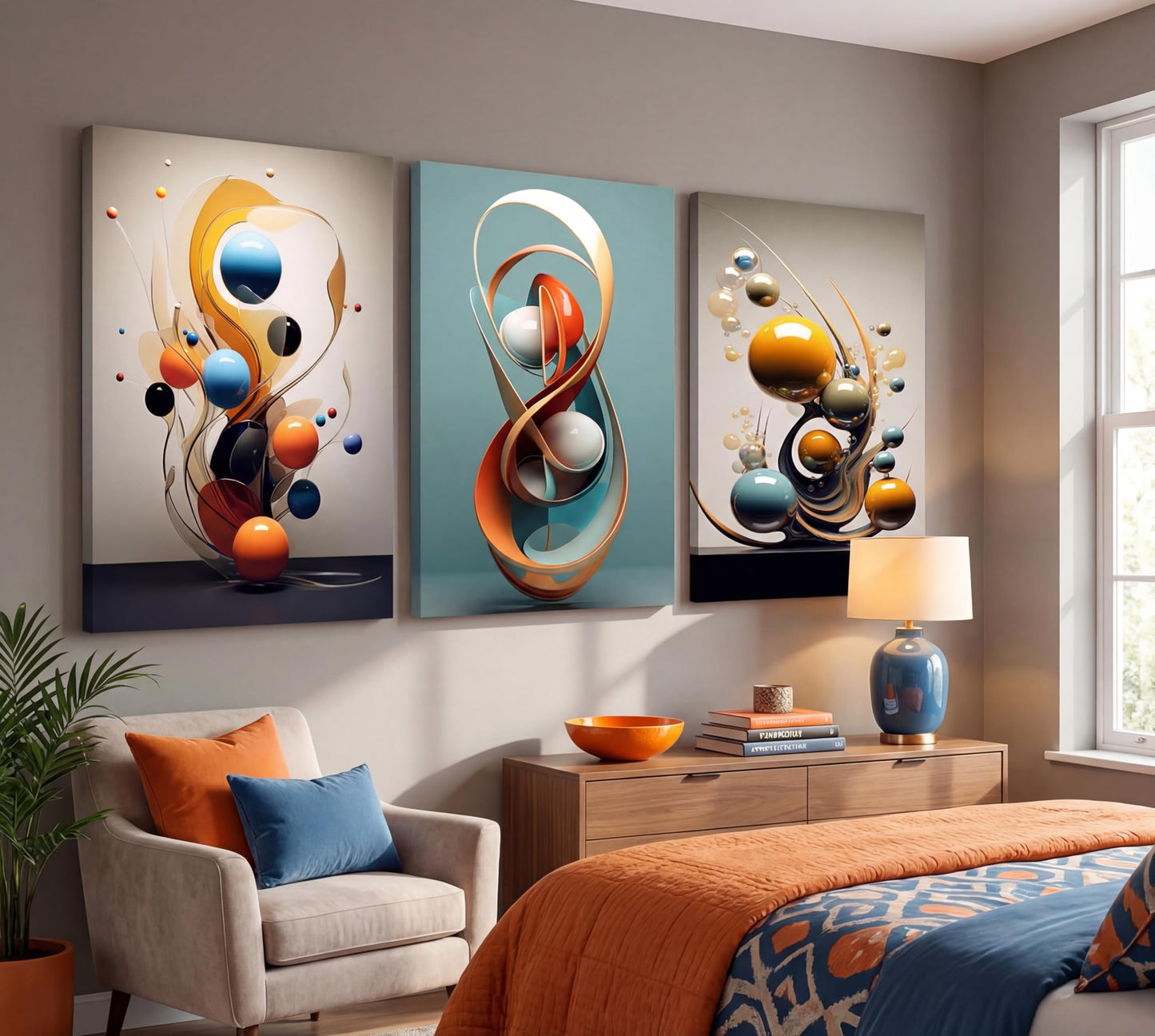 3pcs Modern Abstract Canvas Wall art Three-Dimensional Geometric Spheres Wall Decor Pictures Minimalist Medieval Posters Prints for Living Room Bedroom Office Home decorate Prepare to hang